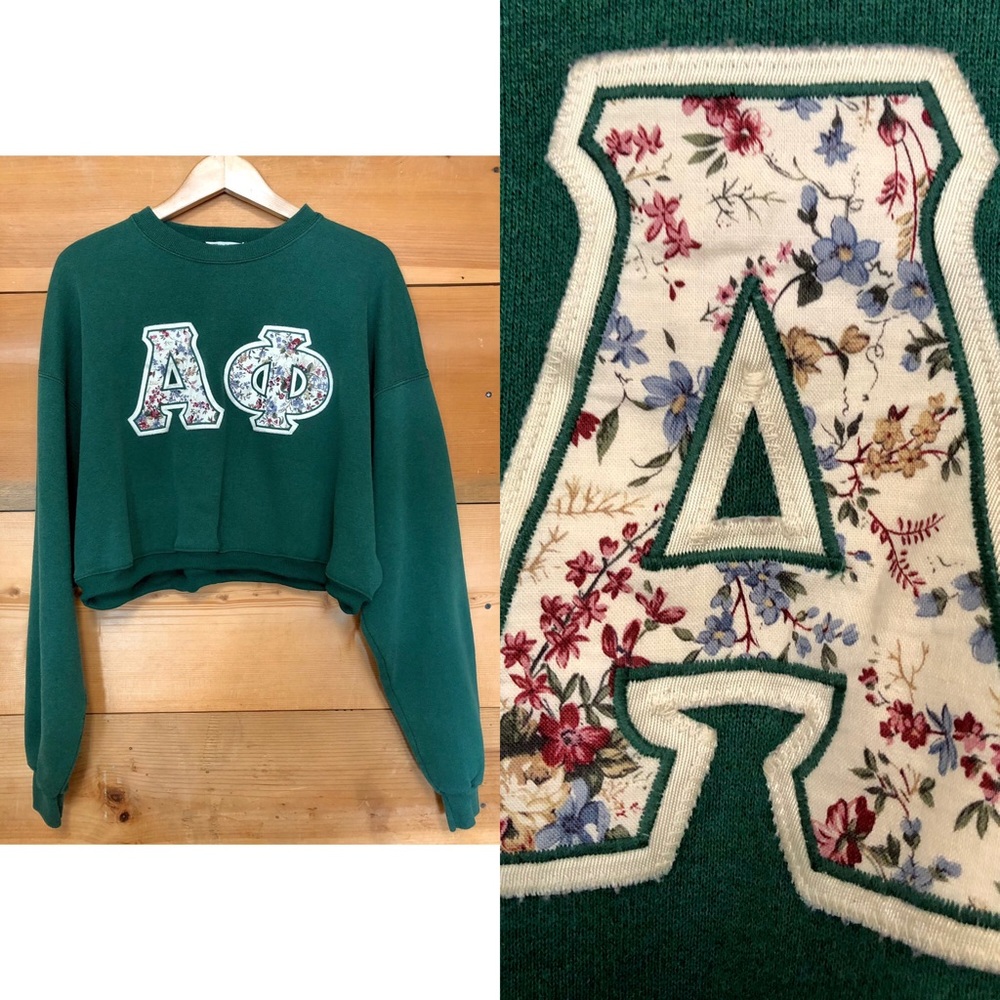 Vtg vintage Alpha phi sorority Greek sweatshirt spirit green crop floral 90s OS